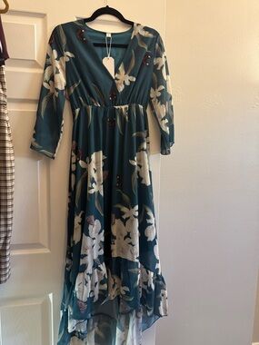 Floral V-Neck High-Low Maxi Dress - Teal